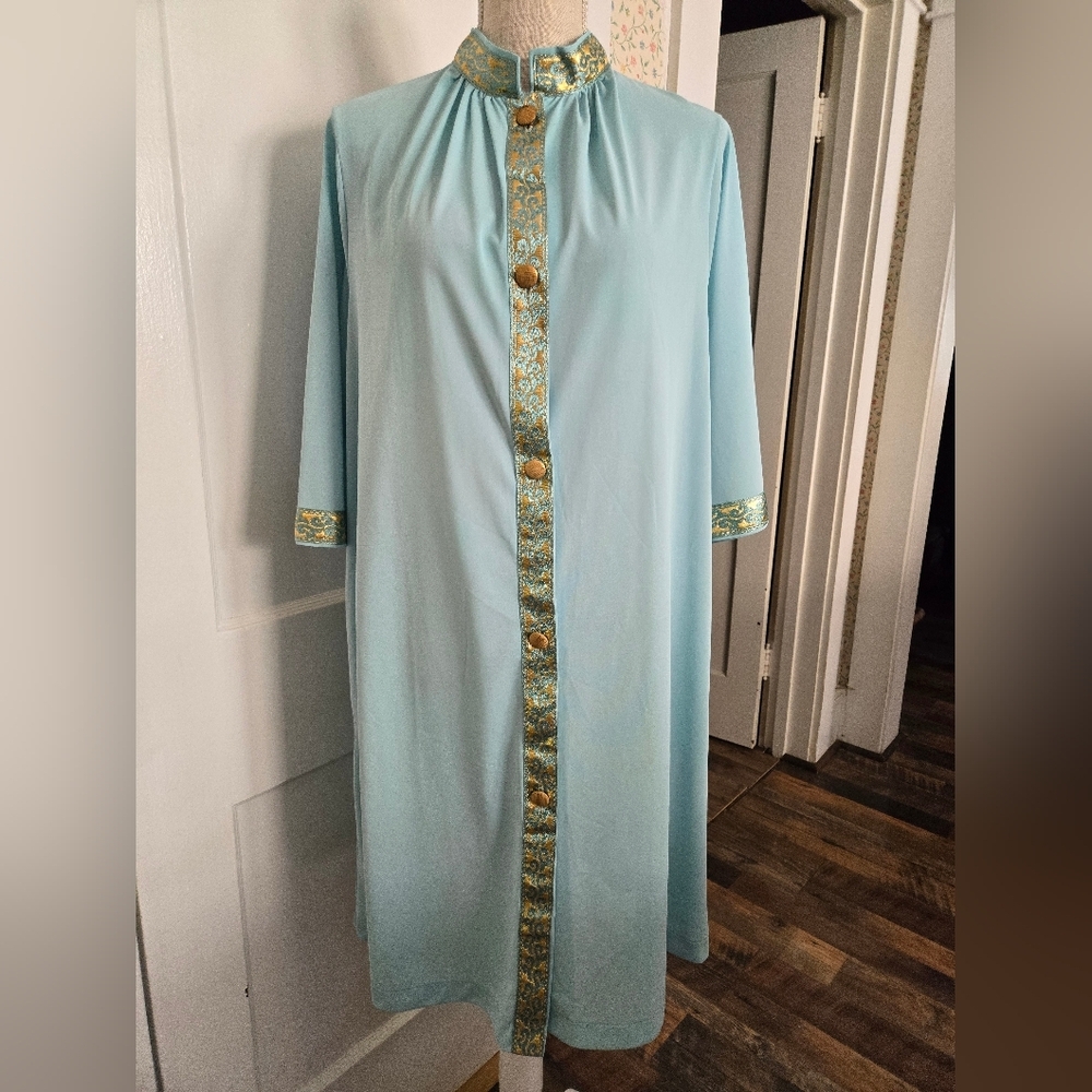 Rare Vintage Lorraine Lingerie Medium Woman's Gold Blue Negligee Robe a4